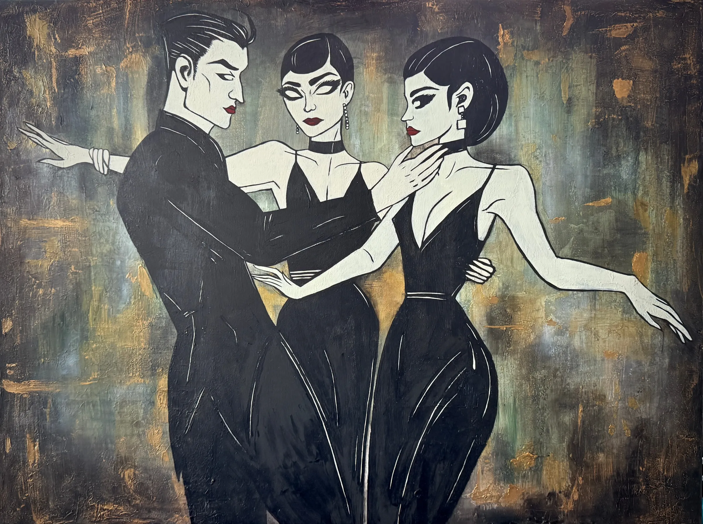 Illustrative painting of three figures in black evening wear on a textured gold ground