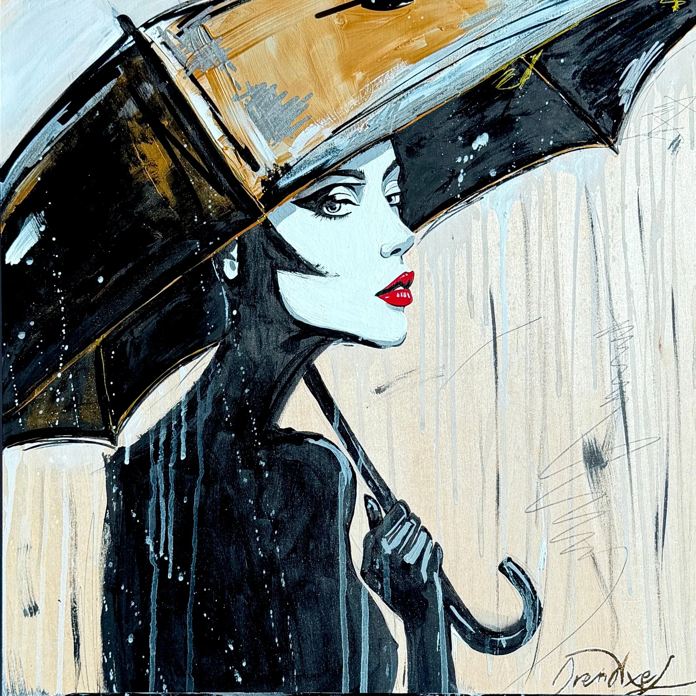 Painting of a woman with red lips beneath a black umbrella, in black, white and gold